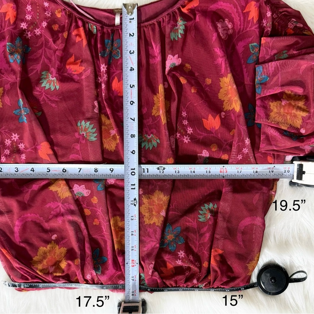 Free People Whimsy Floral Print Berry Pink Ruffled Pleated Draped Blouse XS - Picture 12 of 12